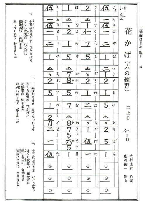 [Sangen sheet music, written by Toshihiko Mizuno] Introduction to the Shamisen Vol. 2 Second-up and third-down sections Understand the key points (tsubo)